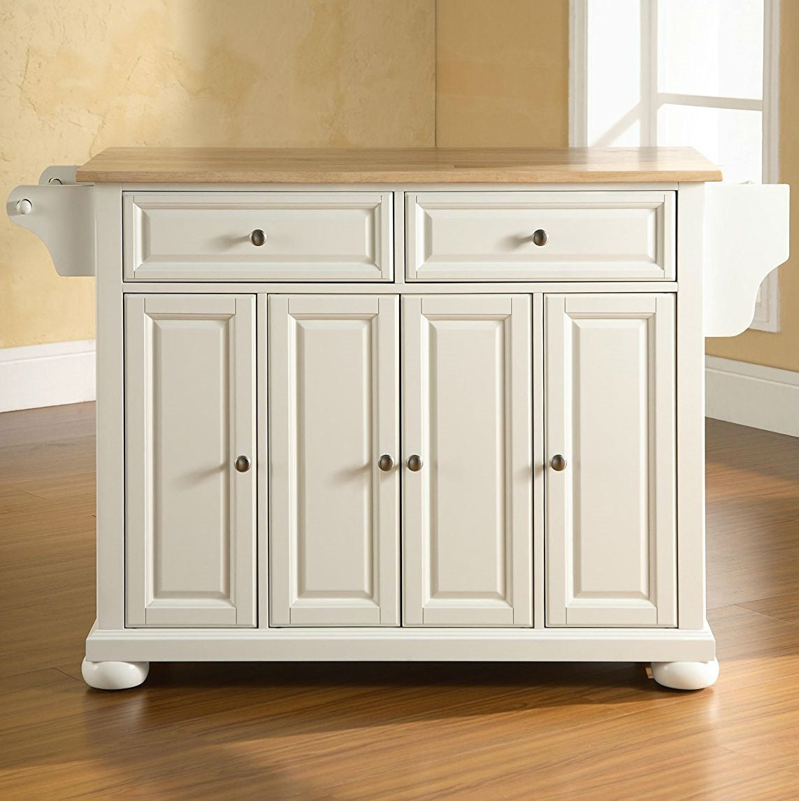 White Kitchen Island Storage Cabinet with Solid Wood Top-2