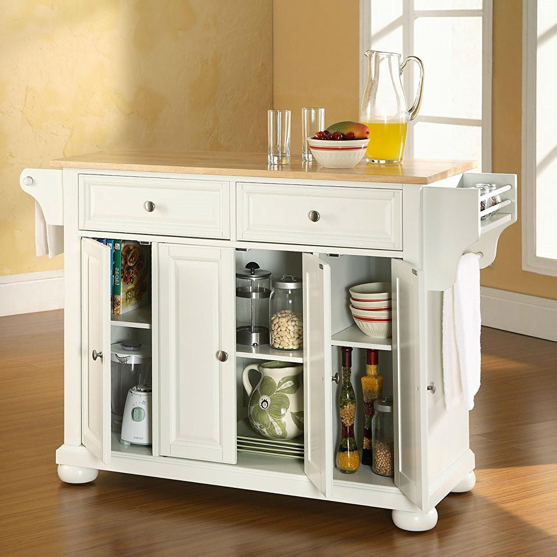 White Kitchen Island Storage Cabinet with Solid Wood Top-3