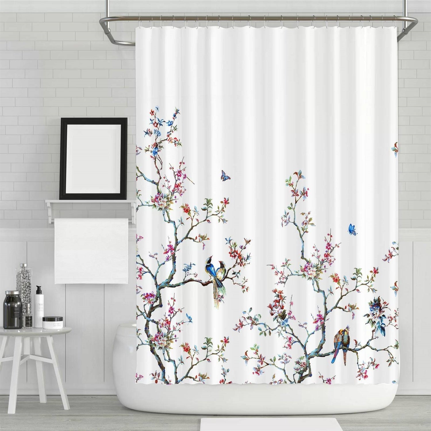 72-in. White Blue Pink Floral Tree Bird Butterfly Japanese Style Shower Curtain-0