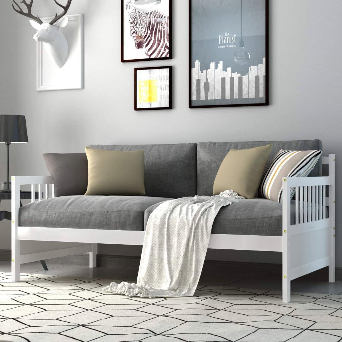 Twin size 2-in-1 Wood Daybed Frame Sofa Bed in White Finish-2