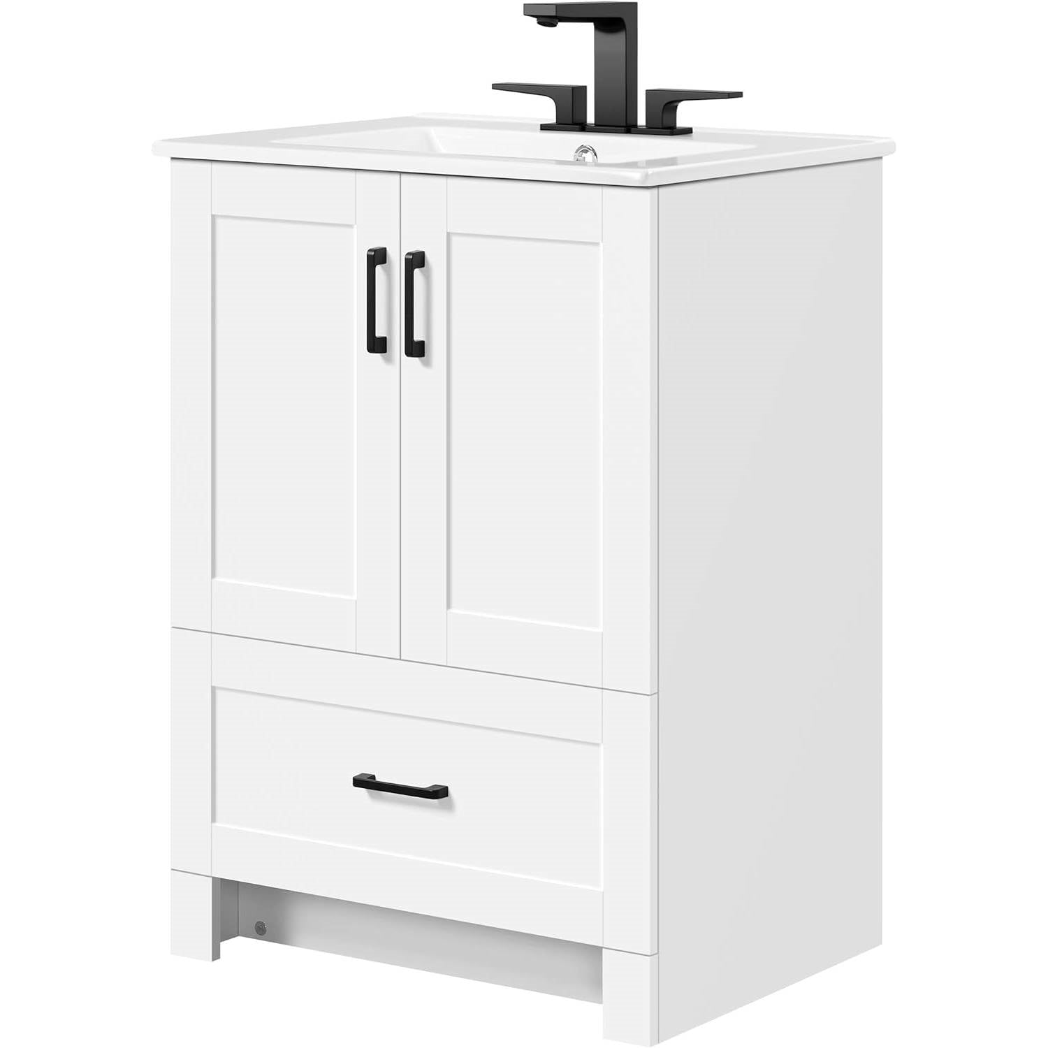 White Wood Finish Bathroom Vanity with Ceramic Sink-0