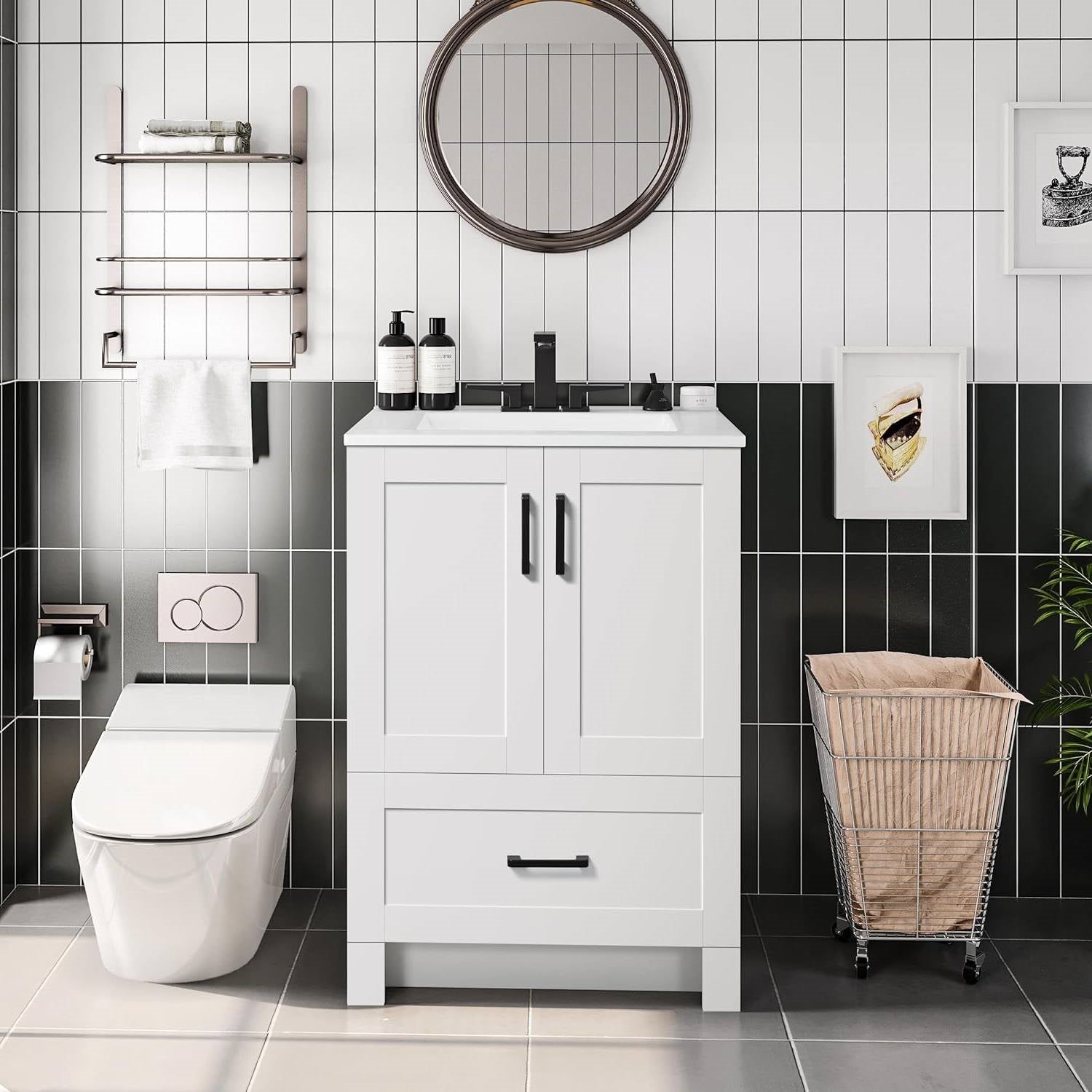 White Wood Finish Bathroom Vanity with Ceramic Sink-1