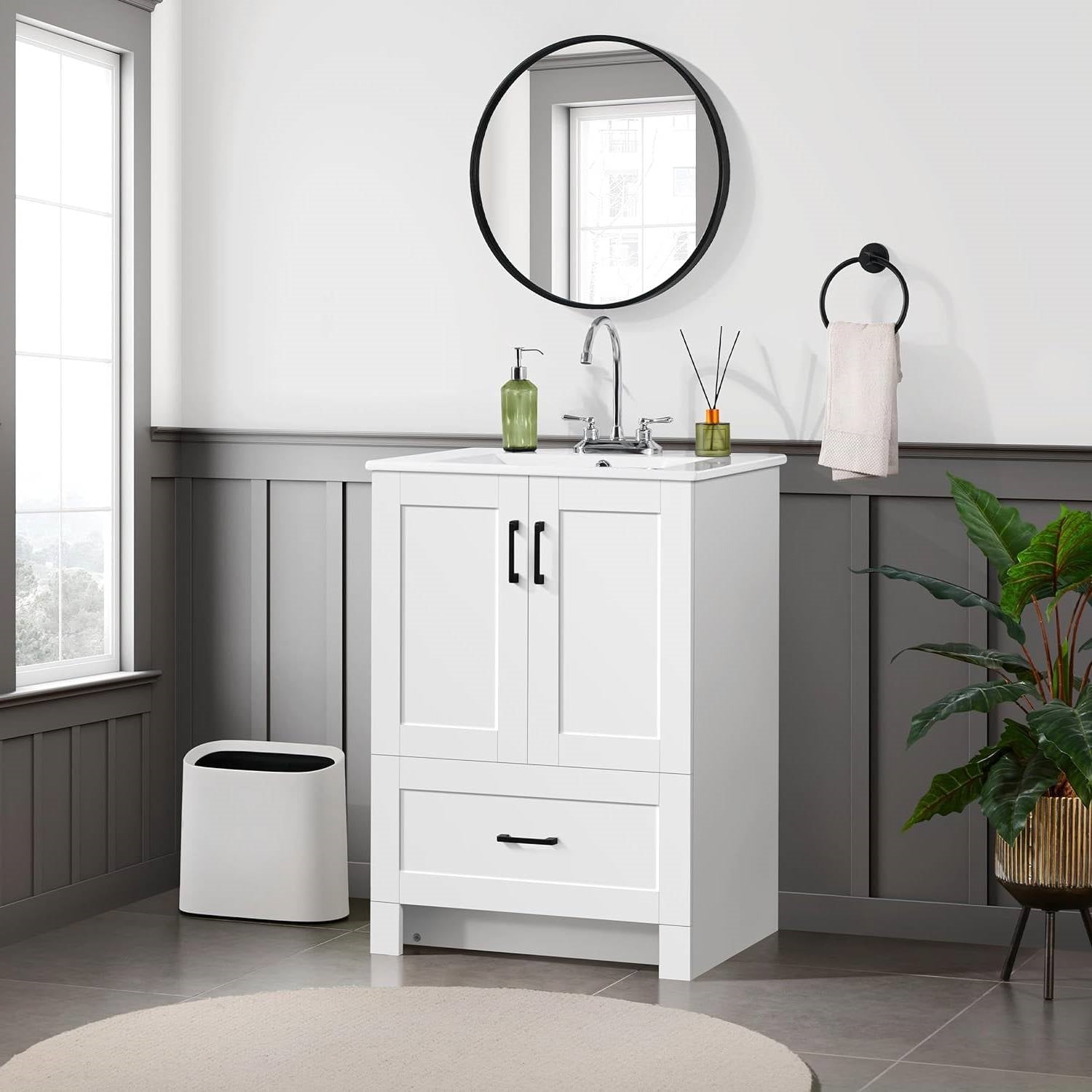 White Wood Finish Bathroom Vanity with Ceramic Sink-2