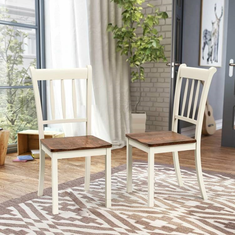 Set of 2 Solid Wood White Mission Style Armless Dining Chair with Brown Seat-2