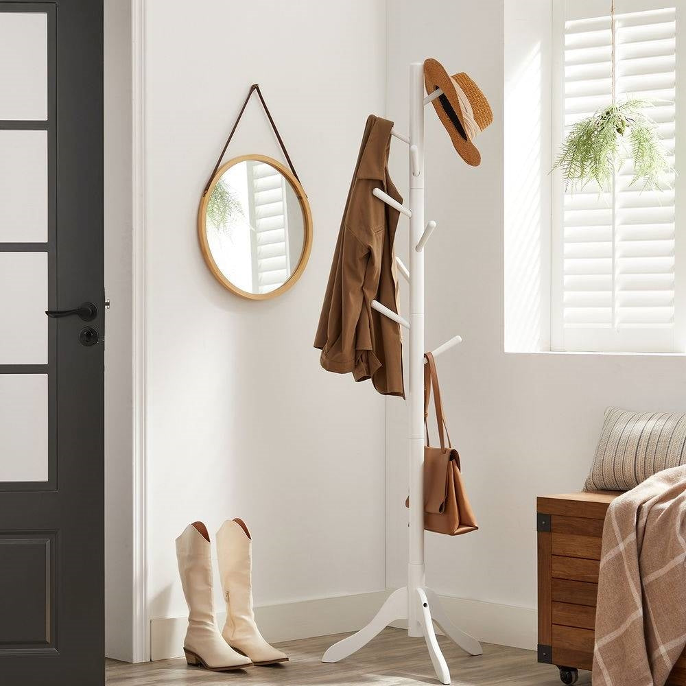 Modern Solid Wood Coat Rack in White Finish with 8 Hooks-0