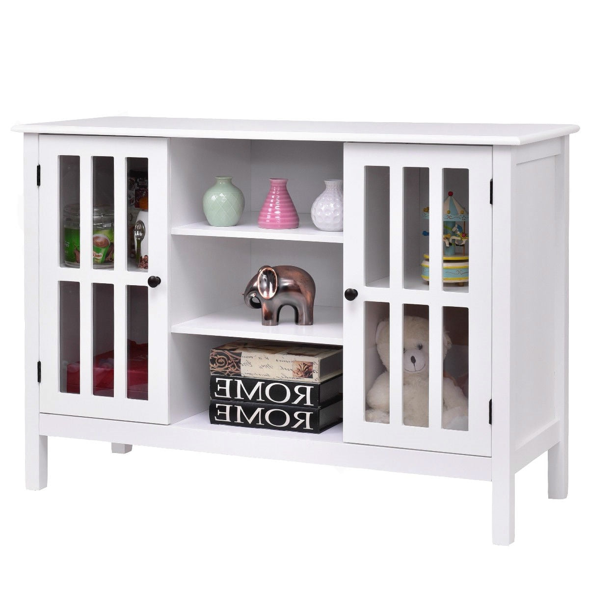 White Wood Sofa Table Console Cabinet with Tempered Glass Panel Doors-0