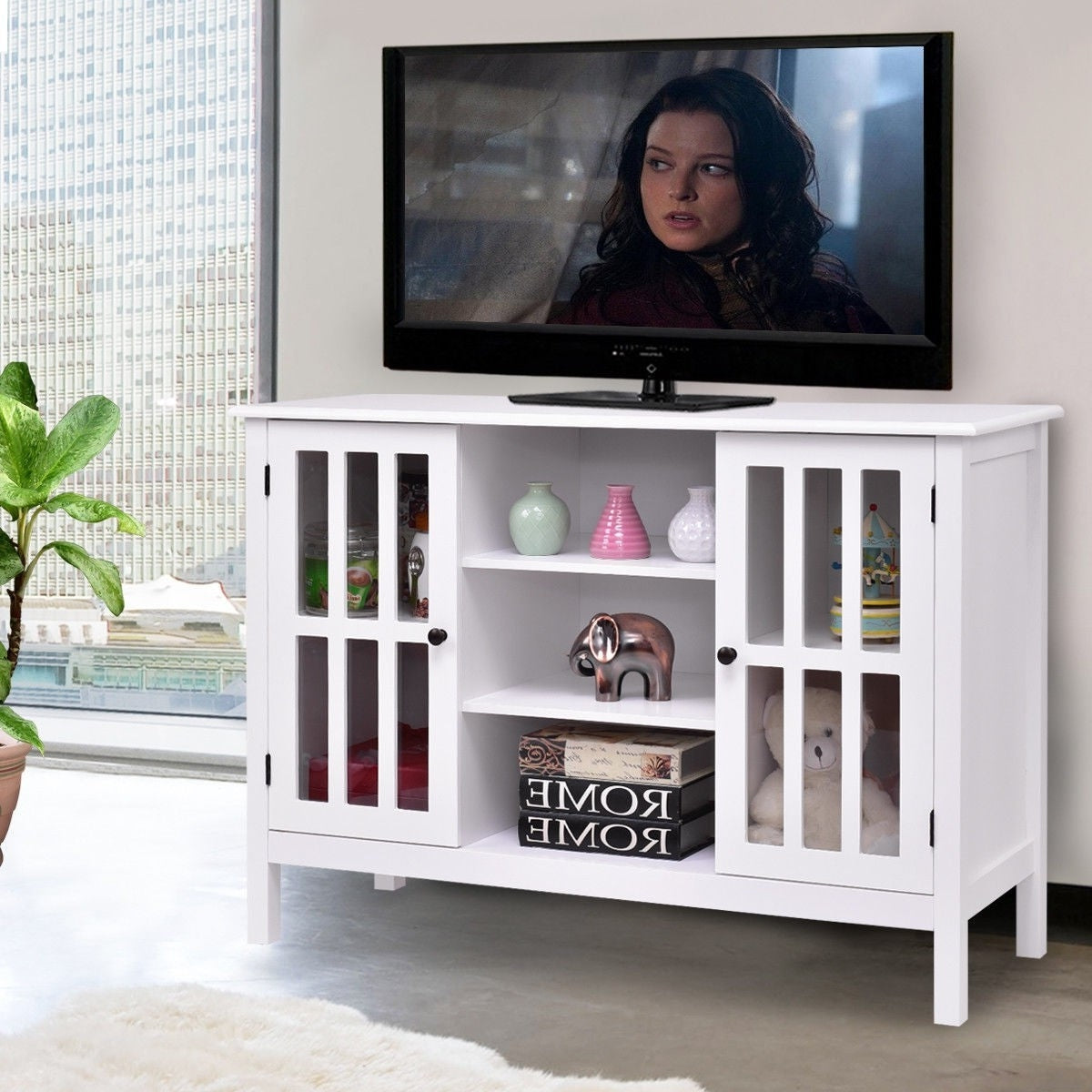 White Wood 43-inch TV Stand with Glass Panel Doors-4