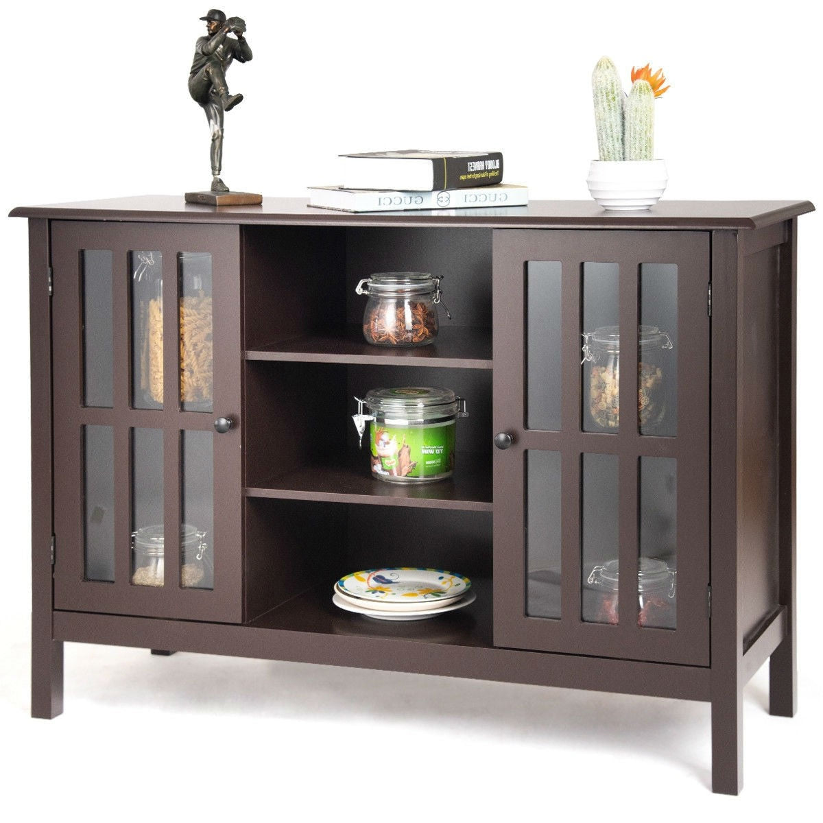 Brown Wood Sofa Tale Console Cabinet with Tempered Glass Panel Doors-0