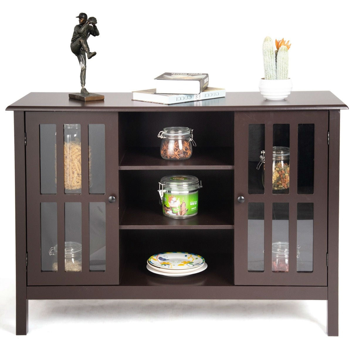 Brown Wood Sofa Tale Console Cabinet with Tempered Glass Panel Doors-1