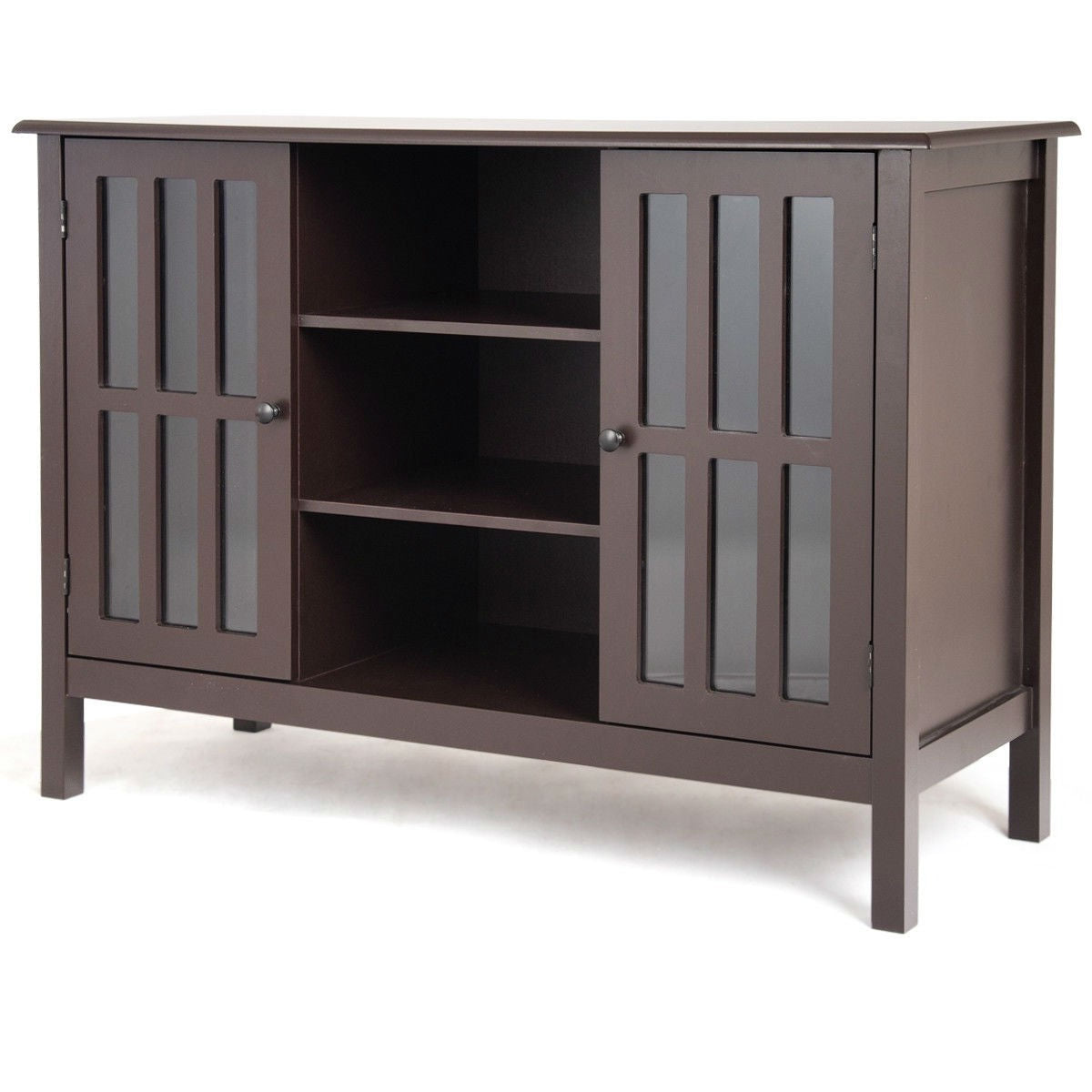 Brown Wood Sofa Tale Console Cabinet with Tempered Glass Panel Doors-2