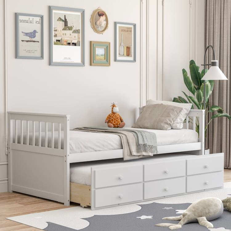 Twin Captains Bed with Pull Out Trundle and Storage Drawers in White Wood Finish-2
