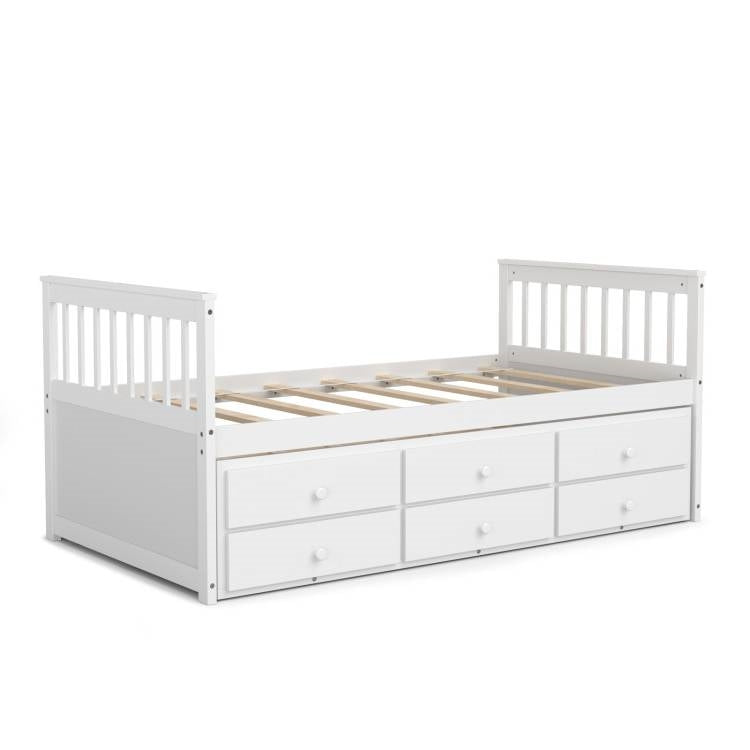 Twin Captains Bed with Pull Out Trundle and Storage Drawers in White Wood Finish-3