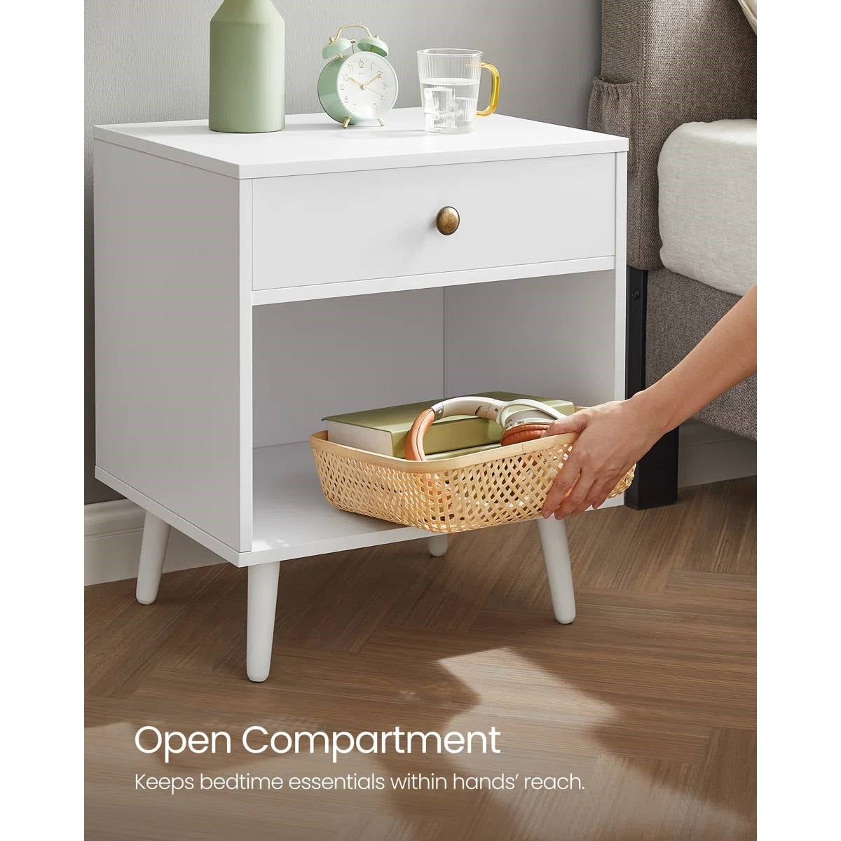 Mid-Century Modern Bedroom 1-Drawer Nightstand End Table in White Wood Finish-3