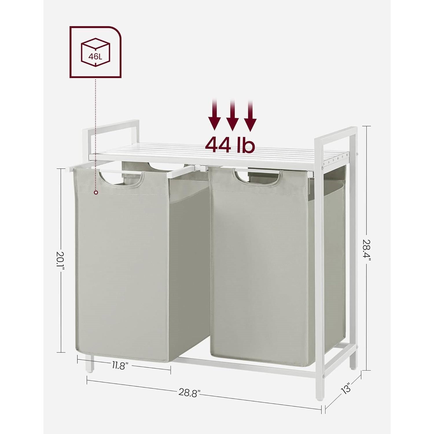 2-Basket Laundry Hamper Sorter White Frame Removable Bags and Top Storage Shelf-4