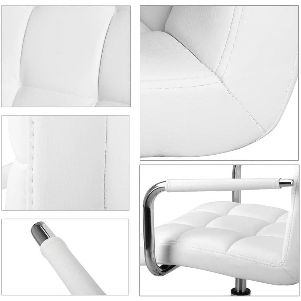 White Modern Faux Leather Mid-Back Swivel Office Chair with Armrests and Wheels-3