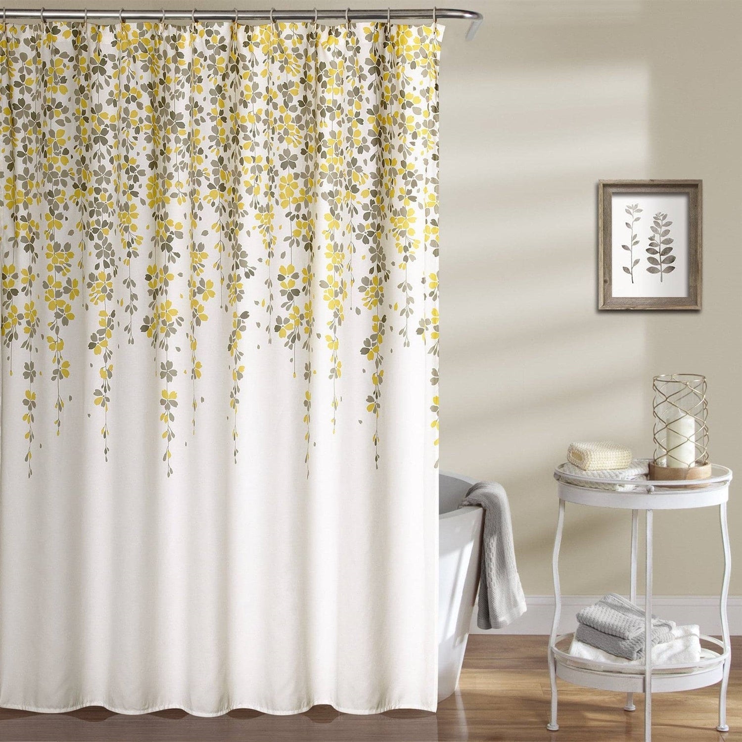 72-inch Off-White Beige Cream Yellow Grey Floral Vines Flowers Shower Curtain-1