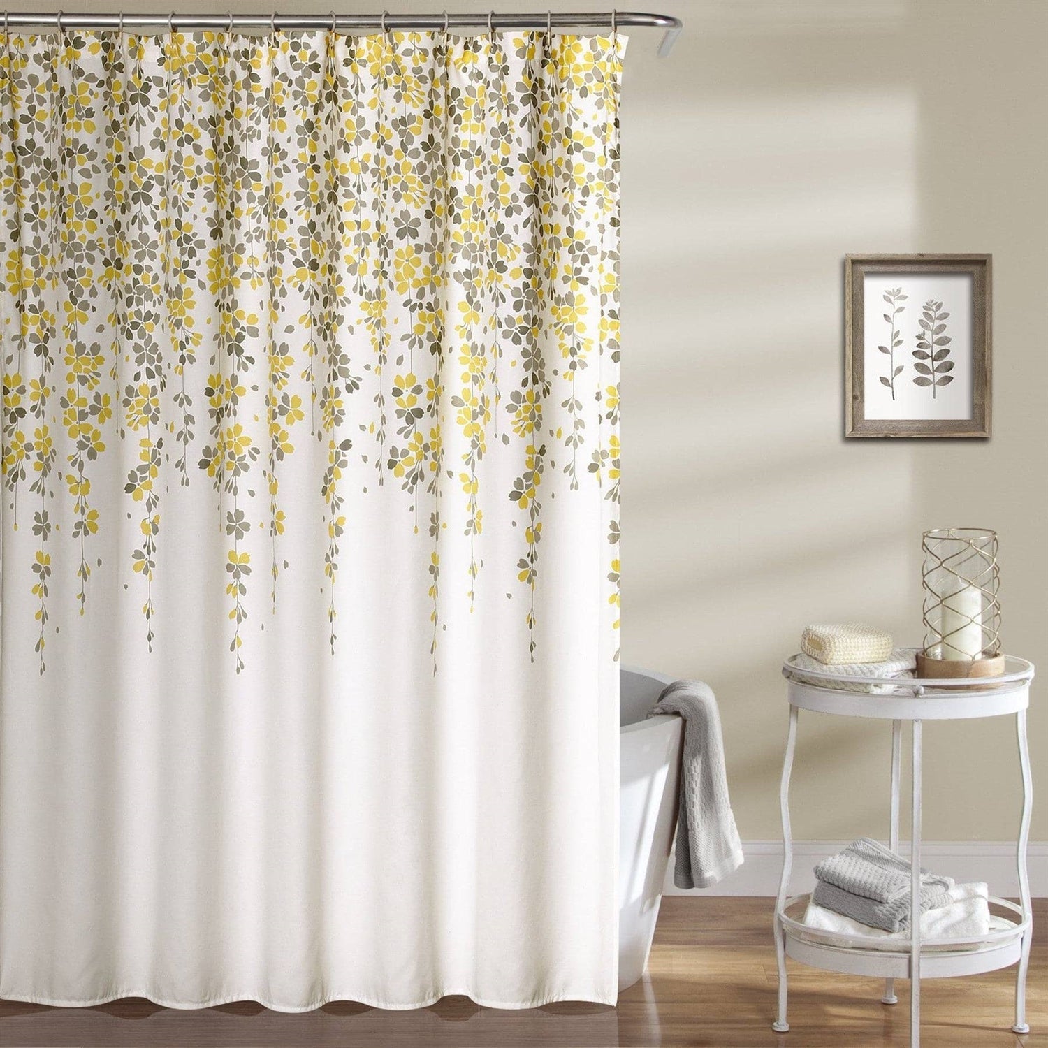 72-inch Off-White Beige Cream Yellow Grey Floral Vines Flowers Shower Curtain