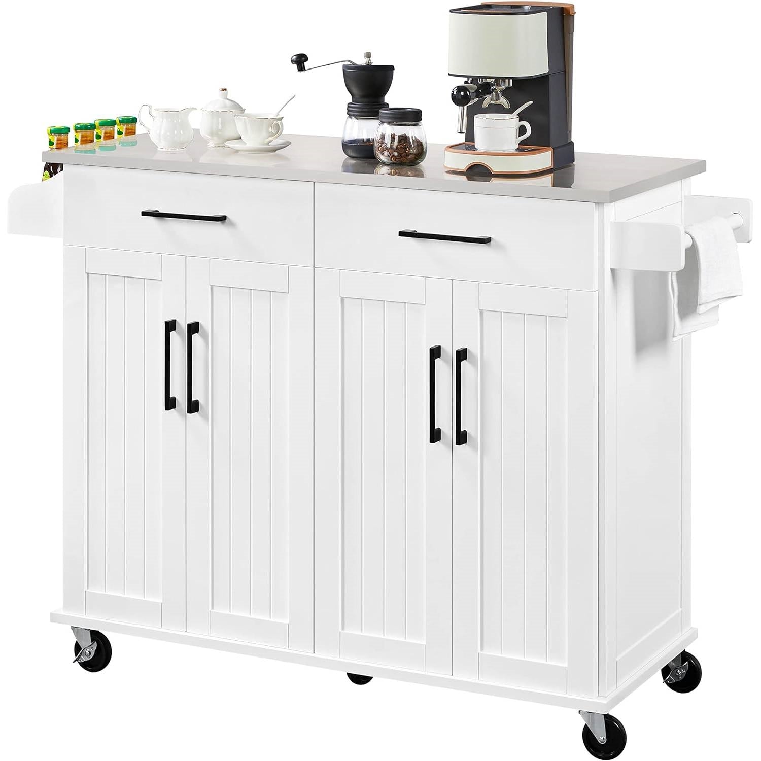 White Kitchen Cart Island with Stainless Steel Top 2 Drawers and Cabinet-0