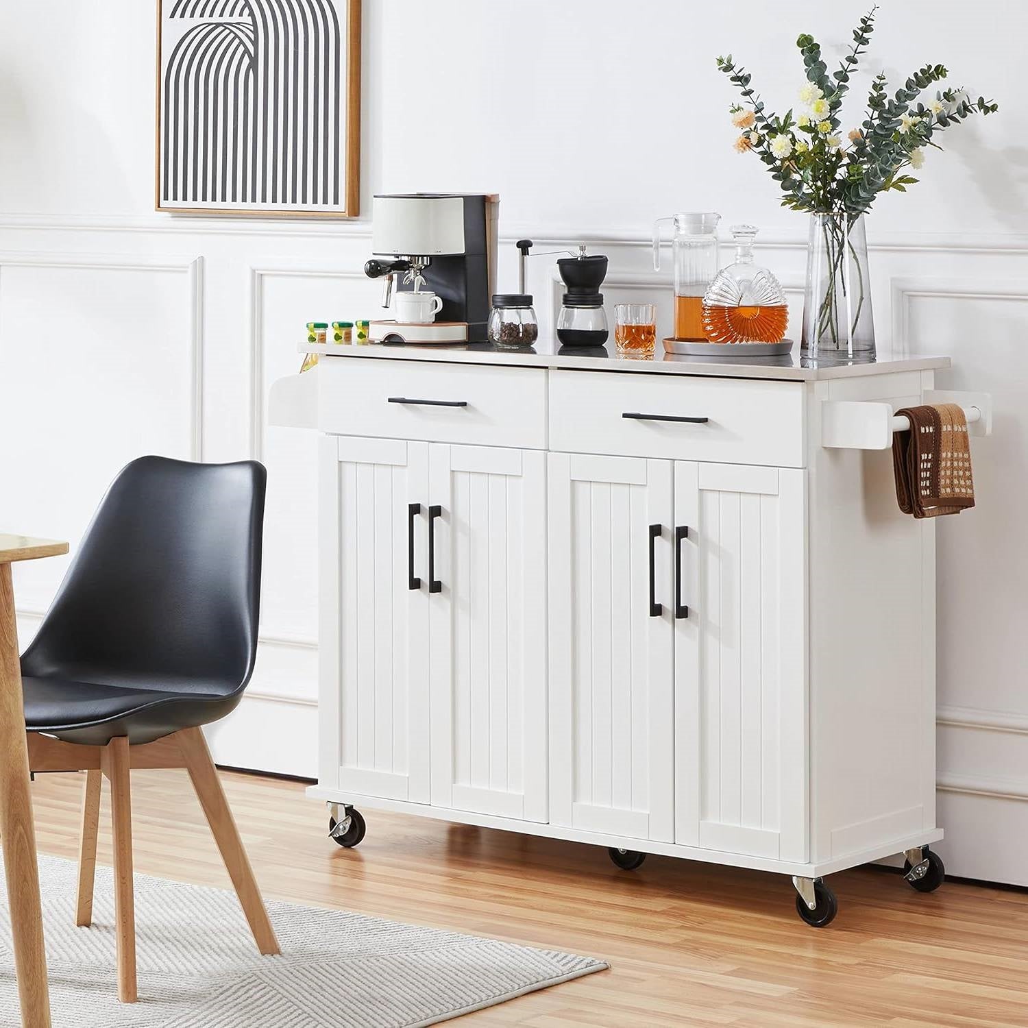 White Kitchen Cart Island with Stainless Steel Top 2 Drawers and Cabinet-1