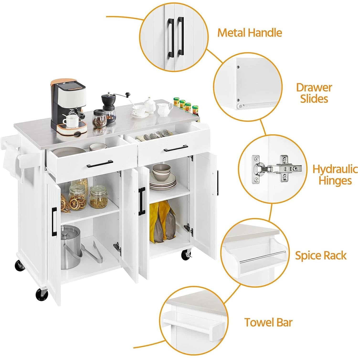 White Kitchen Cart Island with Stainless Steel Top 2 Drawers and Cabinet-3