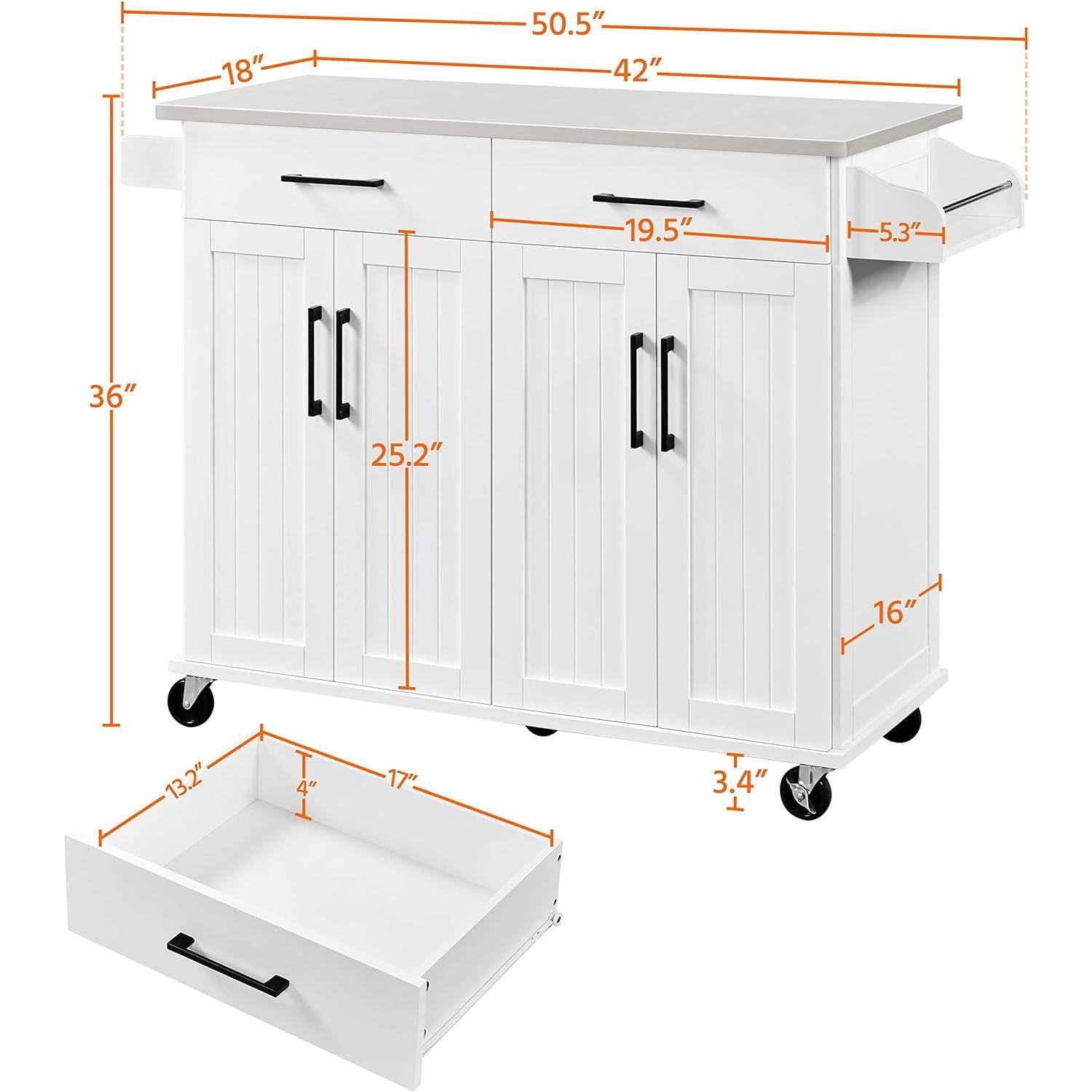 White Kitchen Cart Island with Stainless Steel Top 2 Drawers and Cabinet-4