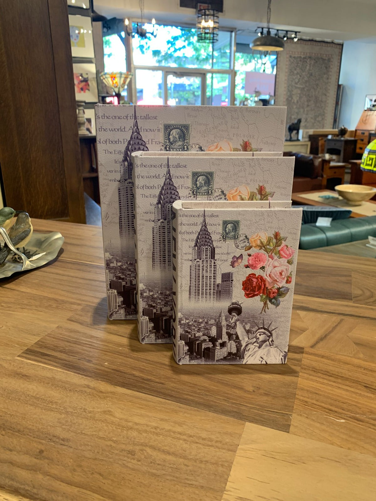 Decorative Book Box Set of 3 – New York City Hidden Storage Case, Faux Leather, Secret Keepsake Organizer