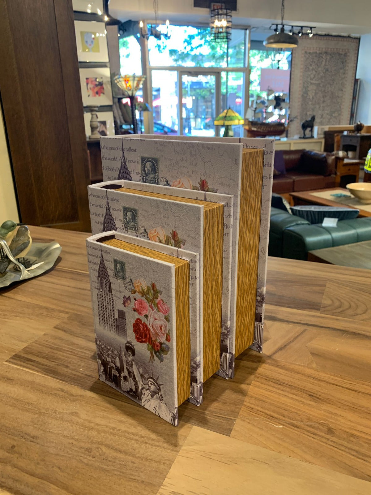 Decorative Book Box Set of 3 – New York City Hidden Storage Case, Faux Leather, Secret Keepsake Organizer