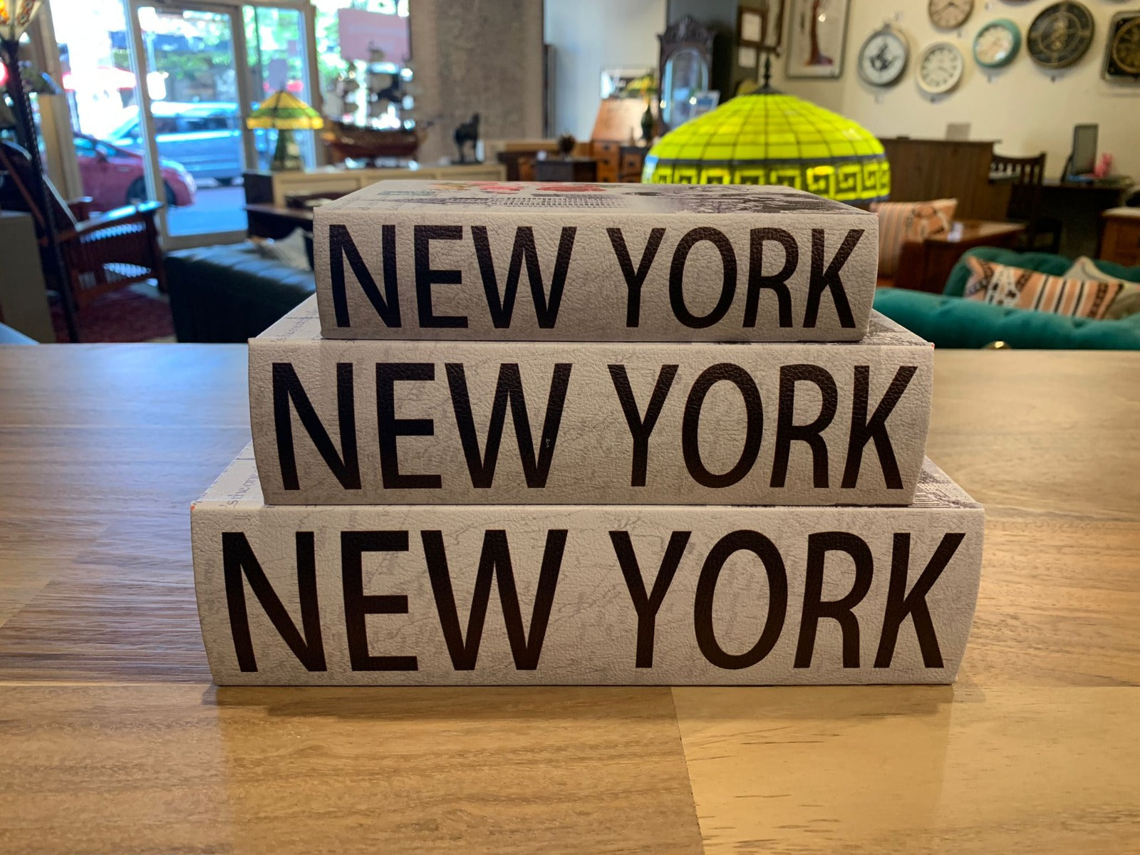 Decorative Book Box Set of 3 – New York City Hidden Storage Case, Faux Leather, Secret Keepsake Organizer