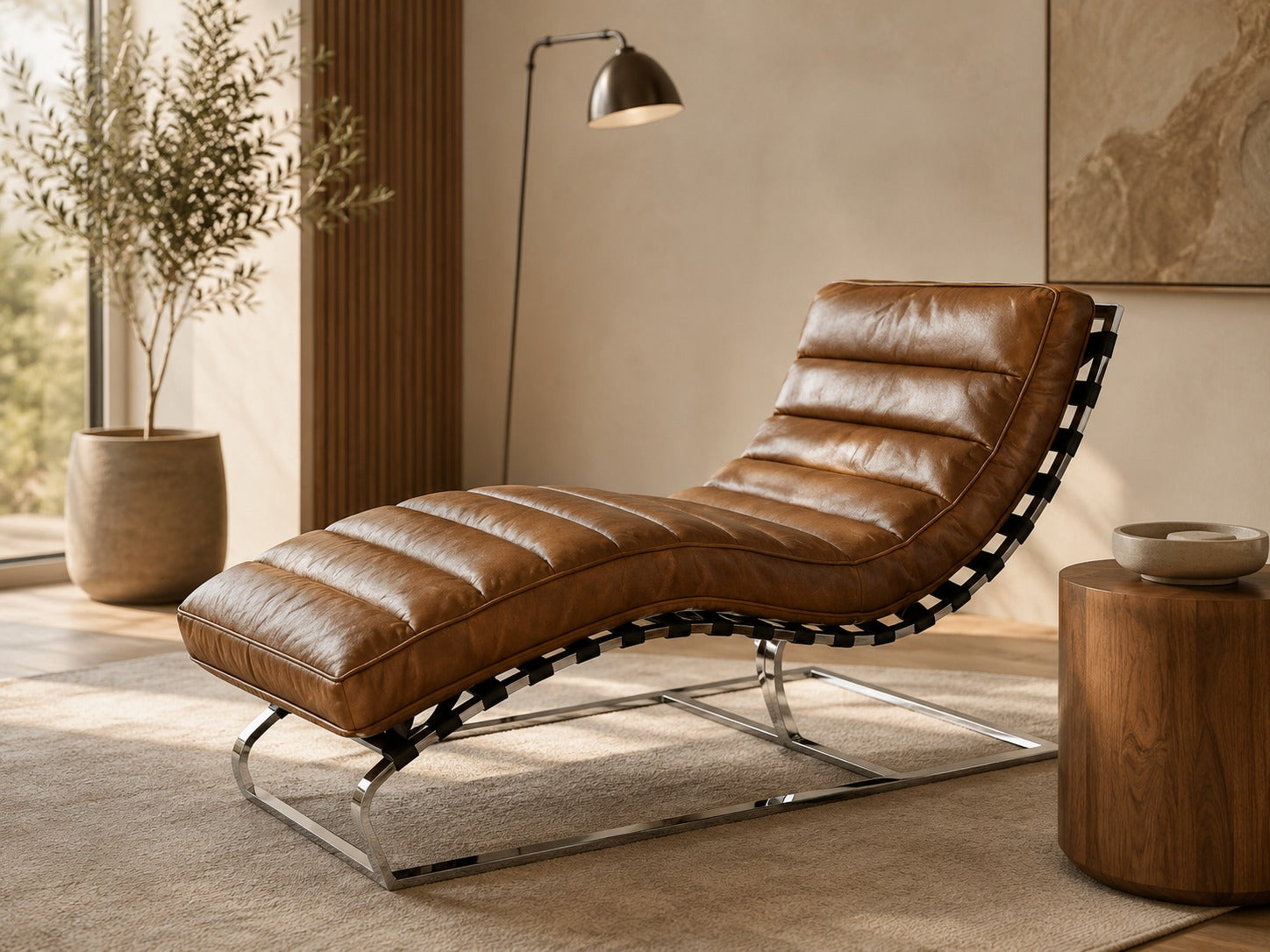 Plano Modern Channeled Leather Chaise Lounge - Light Brown Leather