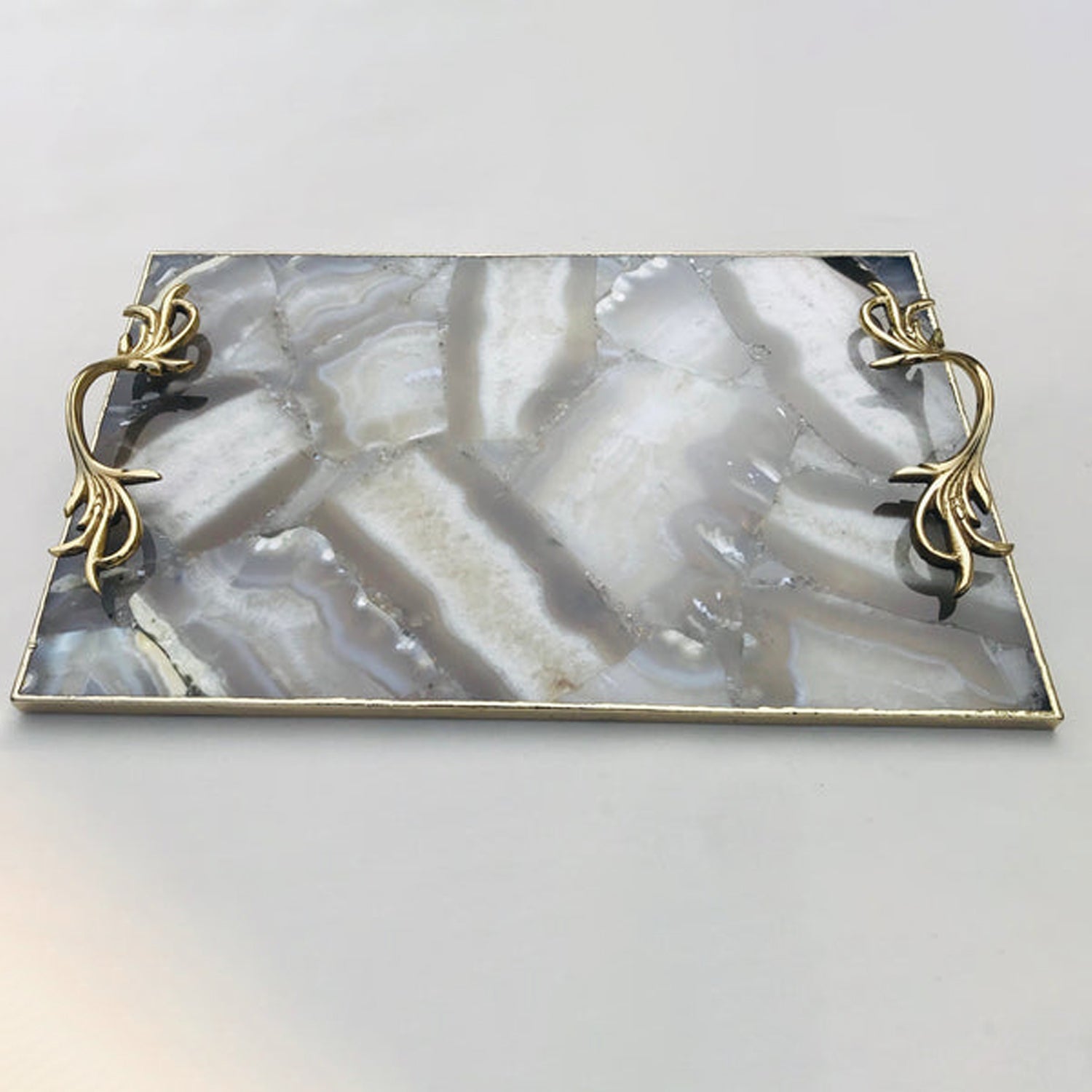 Wild Agate Serving Tray With Brass Handles-1