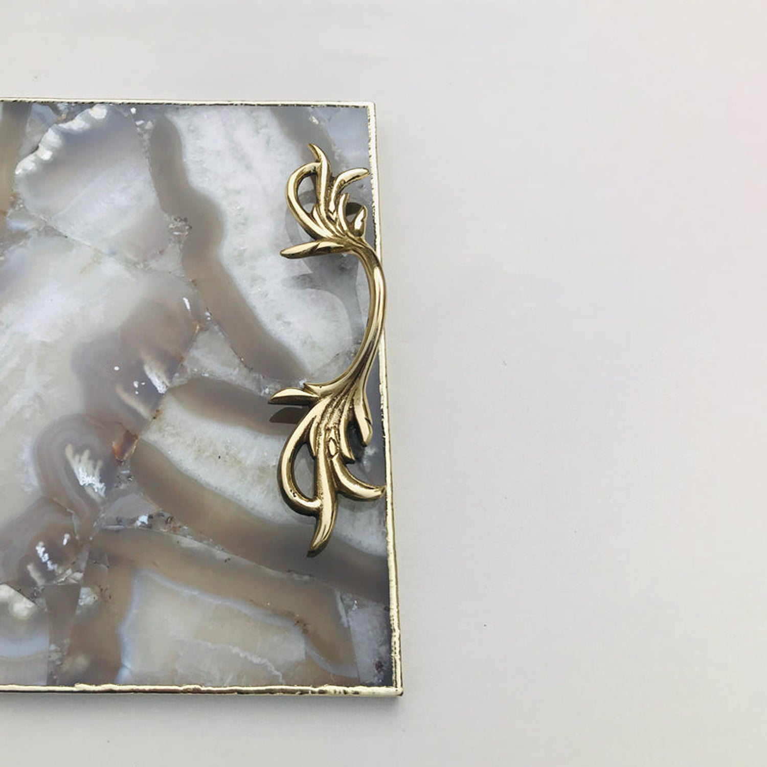 Wild Agate Serving Tray With Brass Handles-4