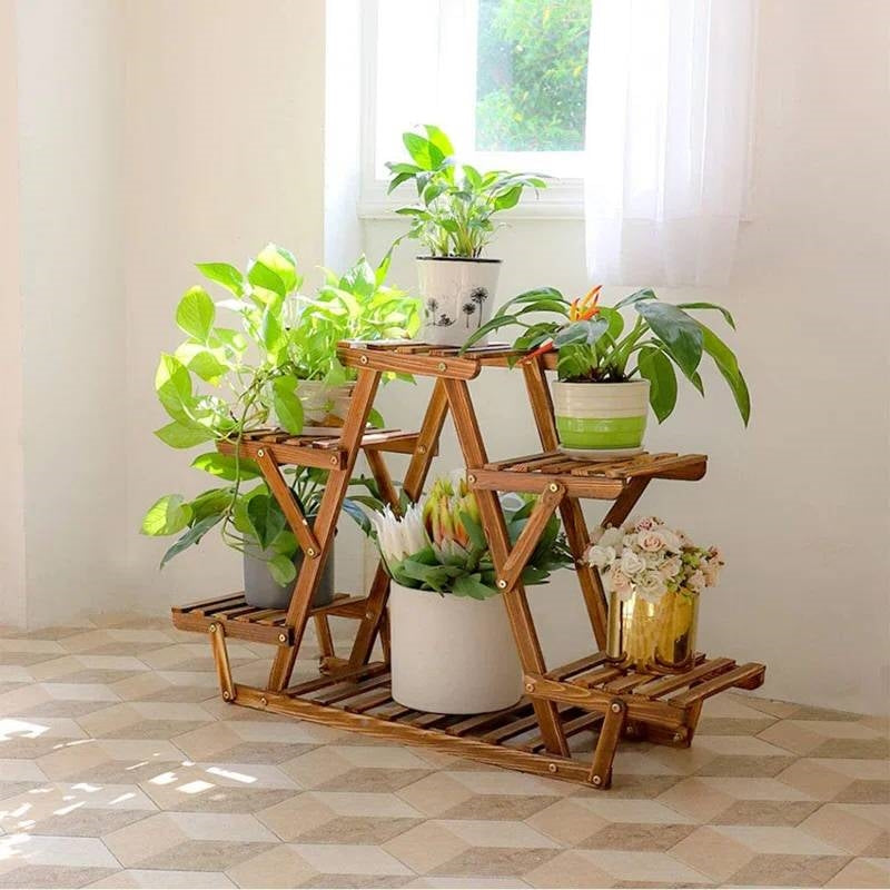 Solid Wood Triangular 6-Shelf Indoor Outdoor Flower Pot Plant Stand-1