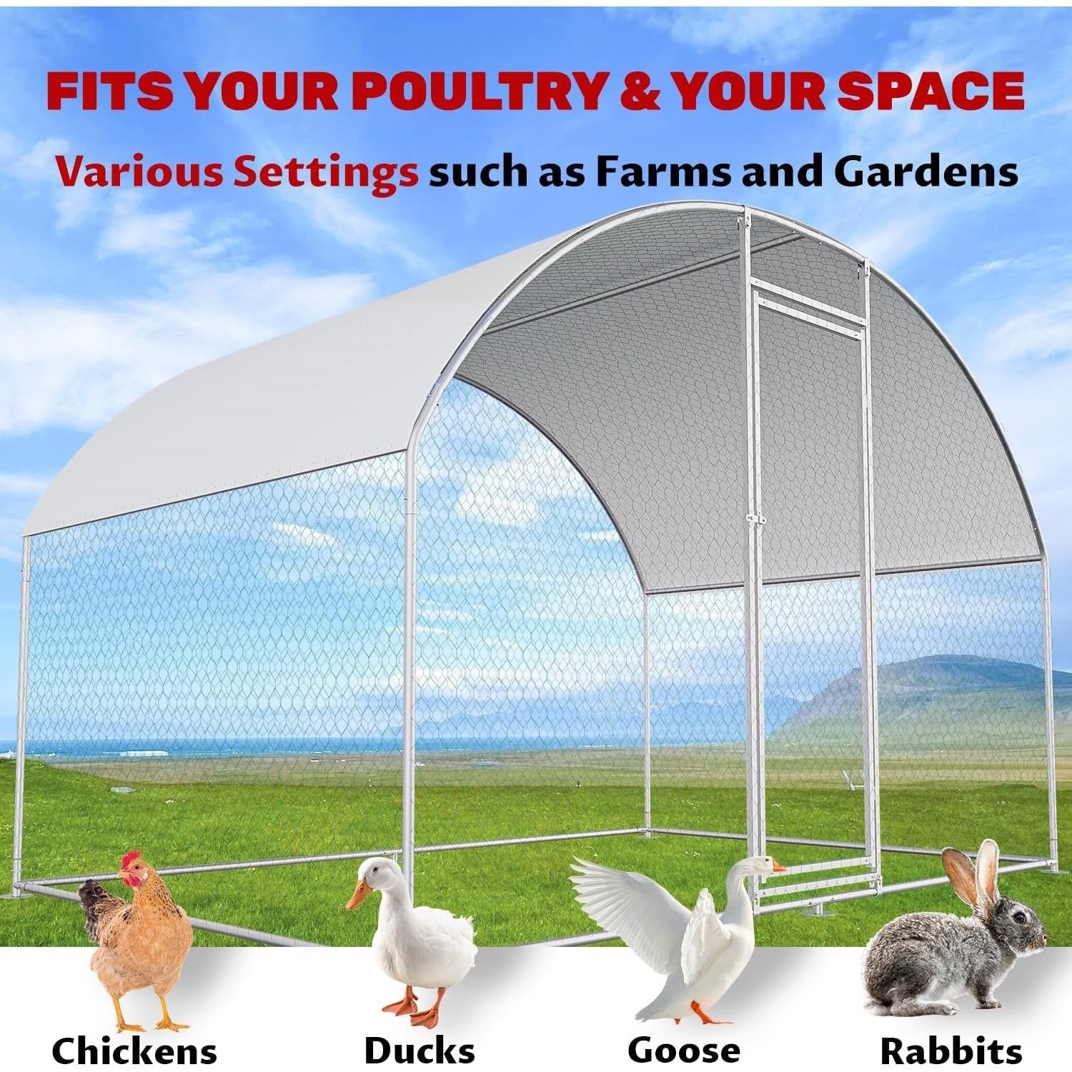 9.8 Ft x 6.6 Ft Outdoor Metal Chicken Coop with Dome Roof and Waterproof Cover-4