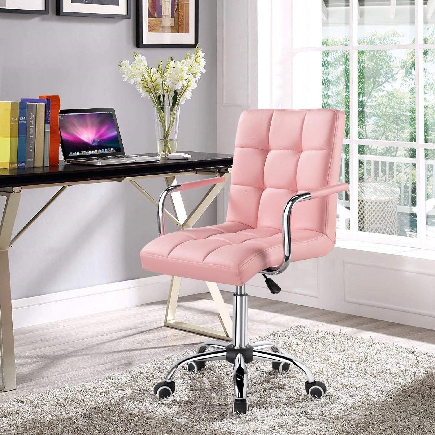 Pink Modern Faux Leather Mid-Back Swivel Office Chair with Armrests and Wheels-1