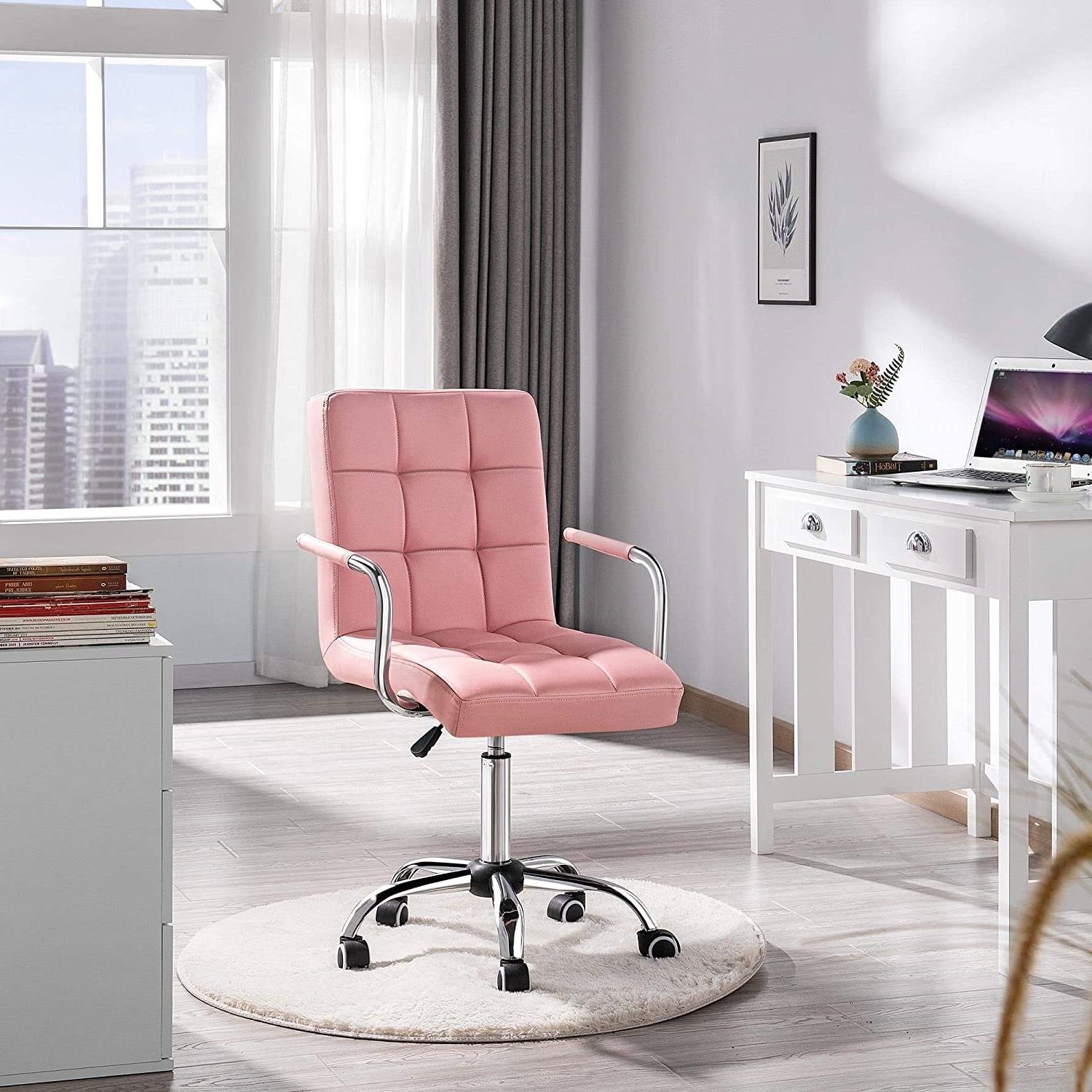 Pink Modern Faux Leather Mid-Back Swivel Office Chair with Armrests and Wheels-2