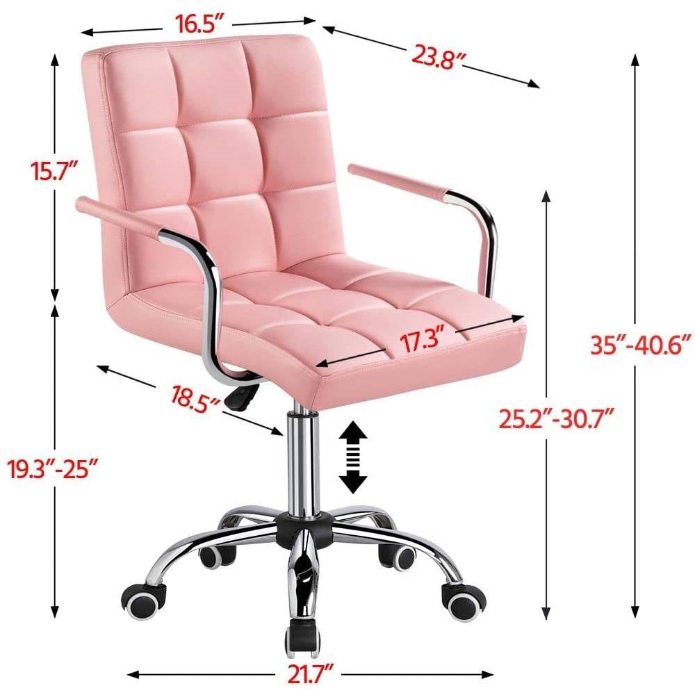 Pink Modern Faux Leather Mid-Back Swivel Office Chair with Armrests and Wheels-3