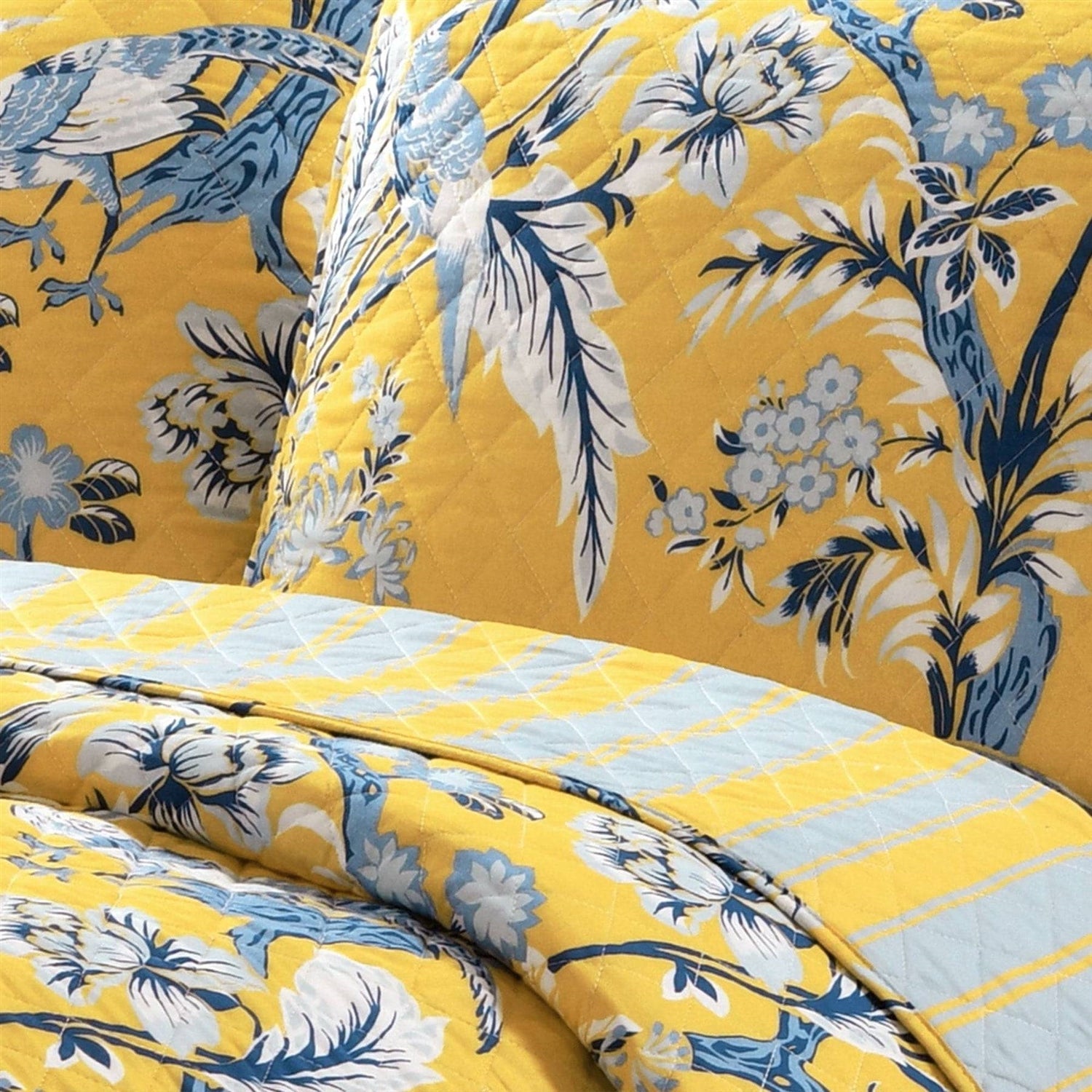 Full/Queen Yellow Blue Peacocks Floral Lightweight Polyester 3-Piece Quilt Set-3
