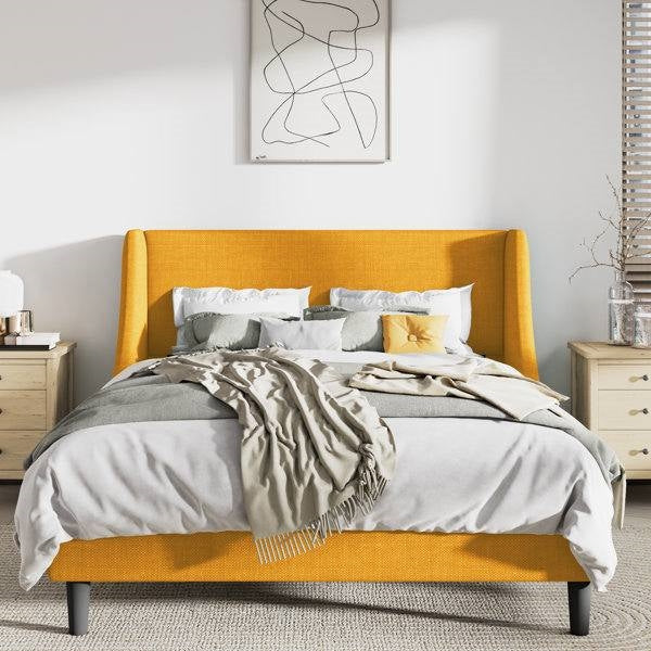 Full Size Yellow Linen Blend Upholstered Platform Bed with Wingback Headboard-0