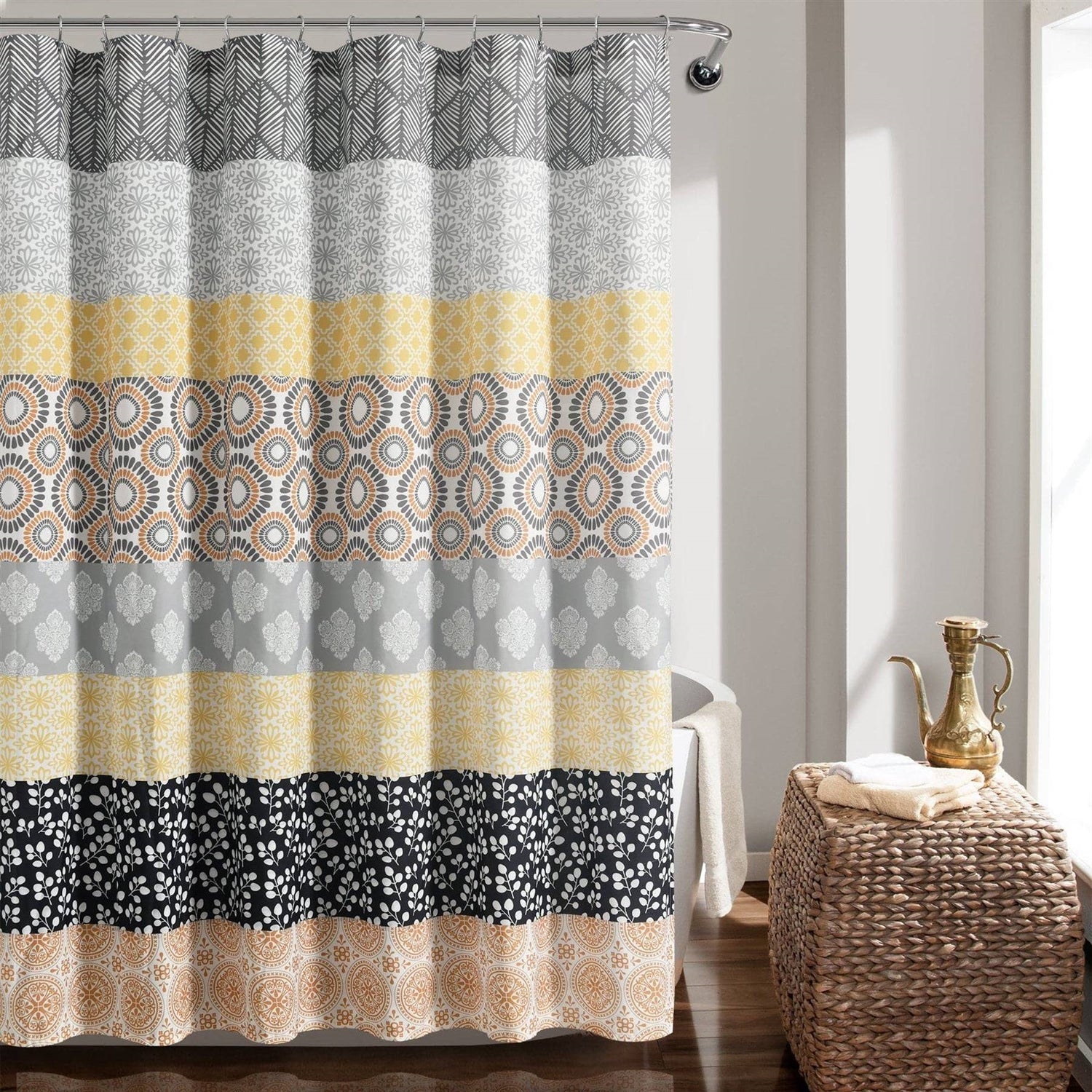 72-in. Yellow Black White Grey Floral Damask Boho Polyester Shower Curtain-1