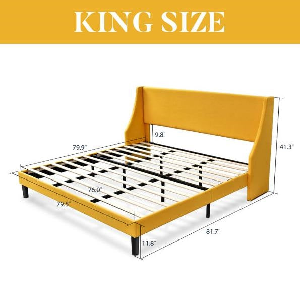 King Size Upholstered Linen Blend Headboard Wingback Platform Bed in Yellow-4