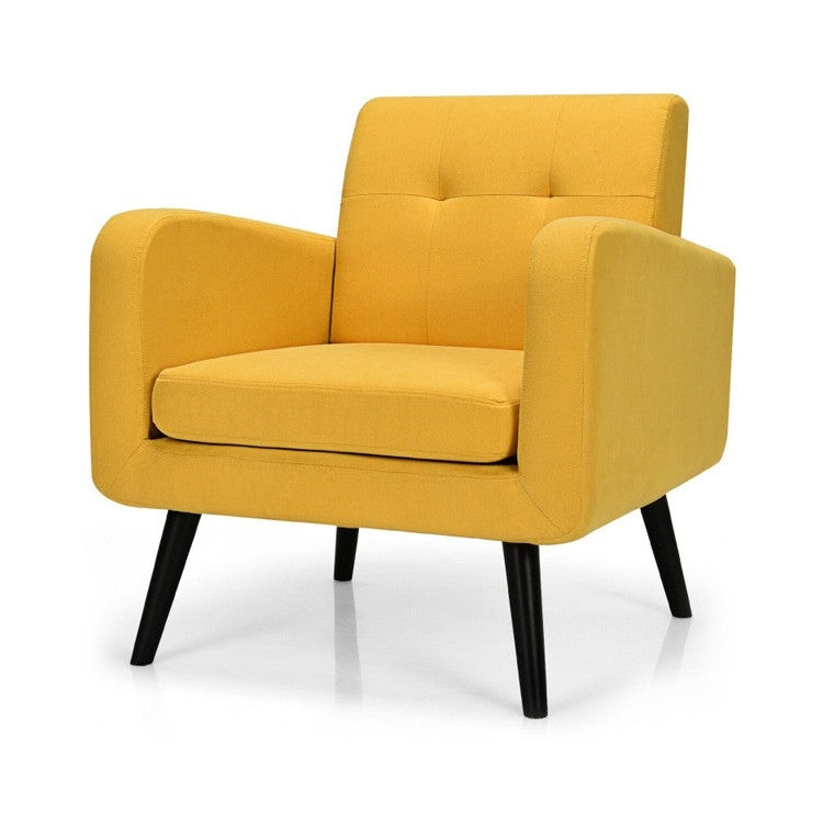 Mid-Century Modern Yellow Linen Upholstered Accent Chair with Wooden Legs-0