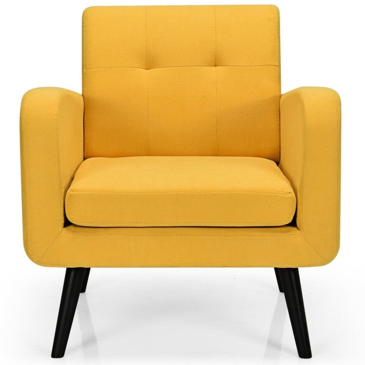 Mid-Century Modern Yellow Linen Upholstered Accent Chair with Wooden Legs-1