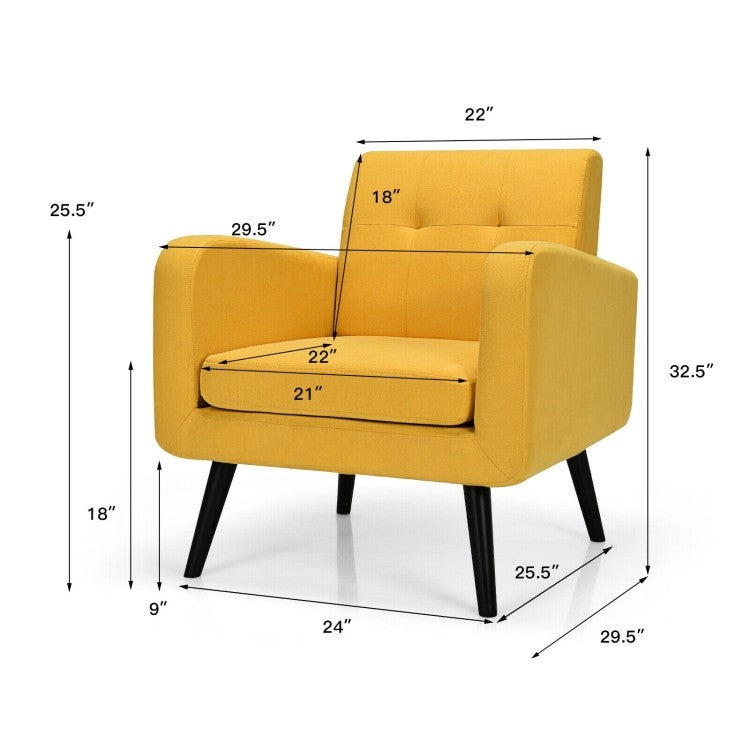 Mid-Century Modern Yellow Linen Upholstered Accent Chair with Wooden Legs-3