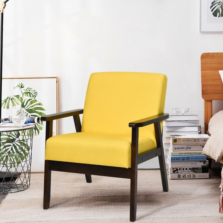 Retro Modern Classic Yellow Linen Wide Accent Chair with Espresso Wood Frame-1