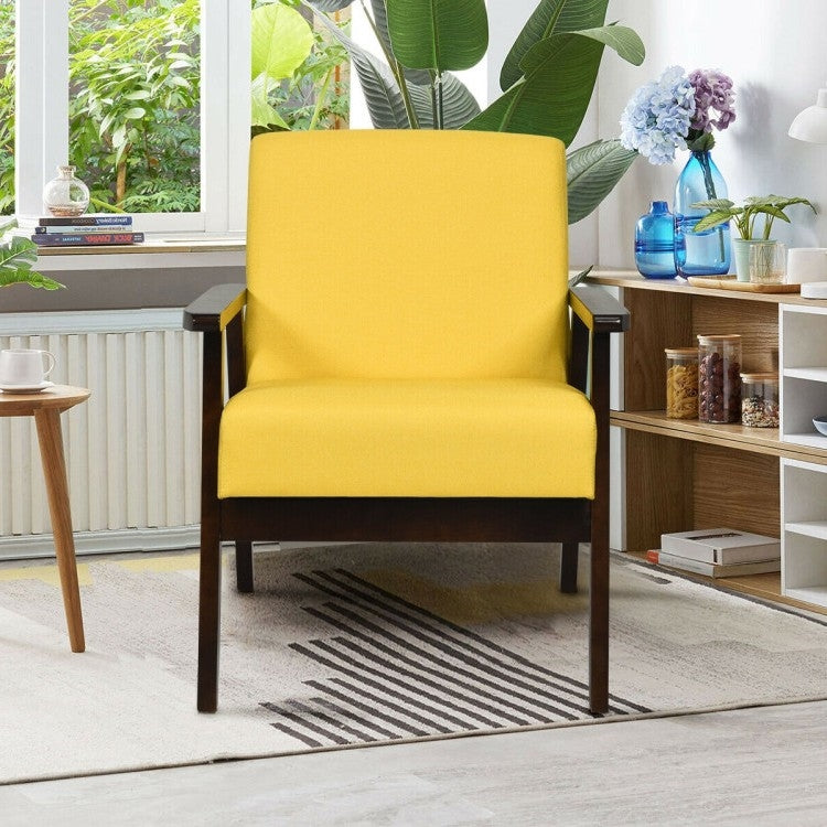 Retro Modern Classic Yellow Linen Wide Accent Chair with Espresso Wood Frame-2