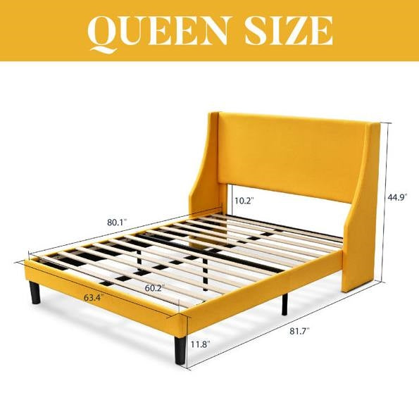 Queen Size Yellow Linen Blend Upholstered Platform Bed with Wingback Headboard-4