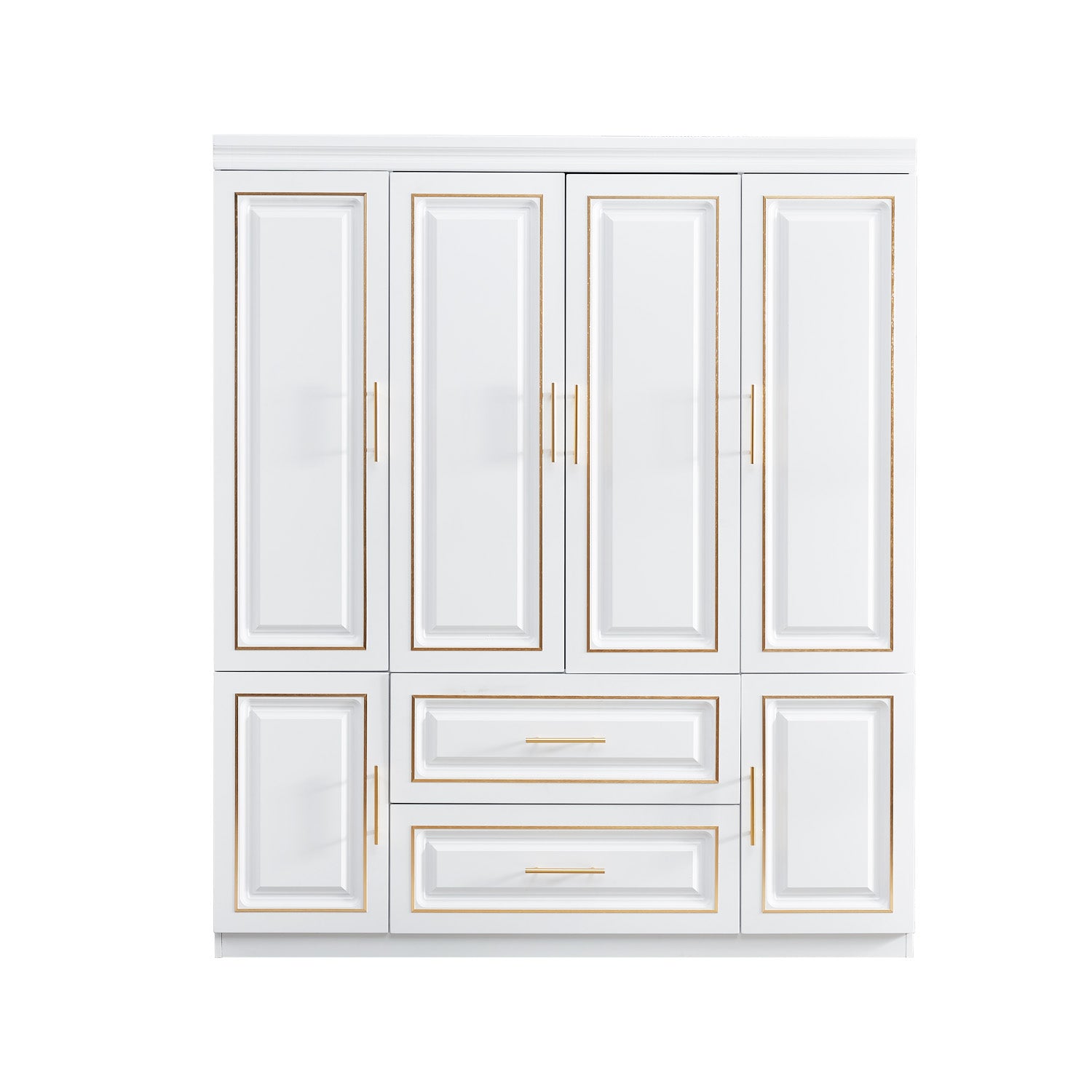 74'' H 4-Door White Wooden Wardrobe Closet | Freestanding Bedroom Armoire with 2 Drawers, Hanging Rod & Storage Shelves