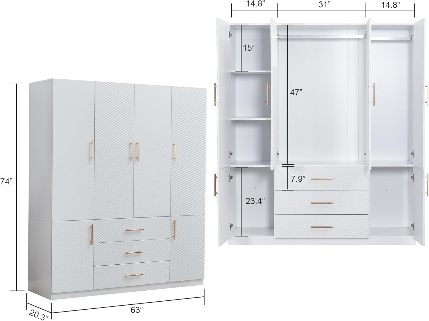 74.2" Tall White Wardrobe Closet with 4 Doors, 3 Drawers, Shelves & Hanging Rod – Freestanding Storage Cabinet for Bedroom or Bathroom Clothes Organization