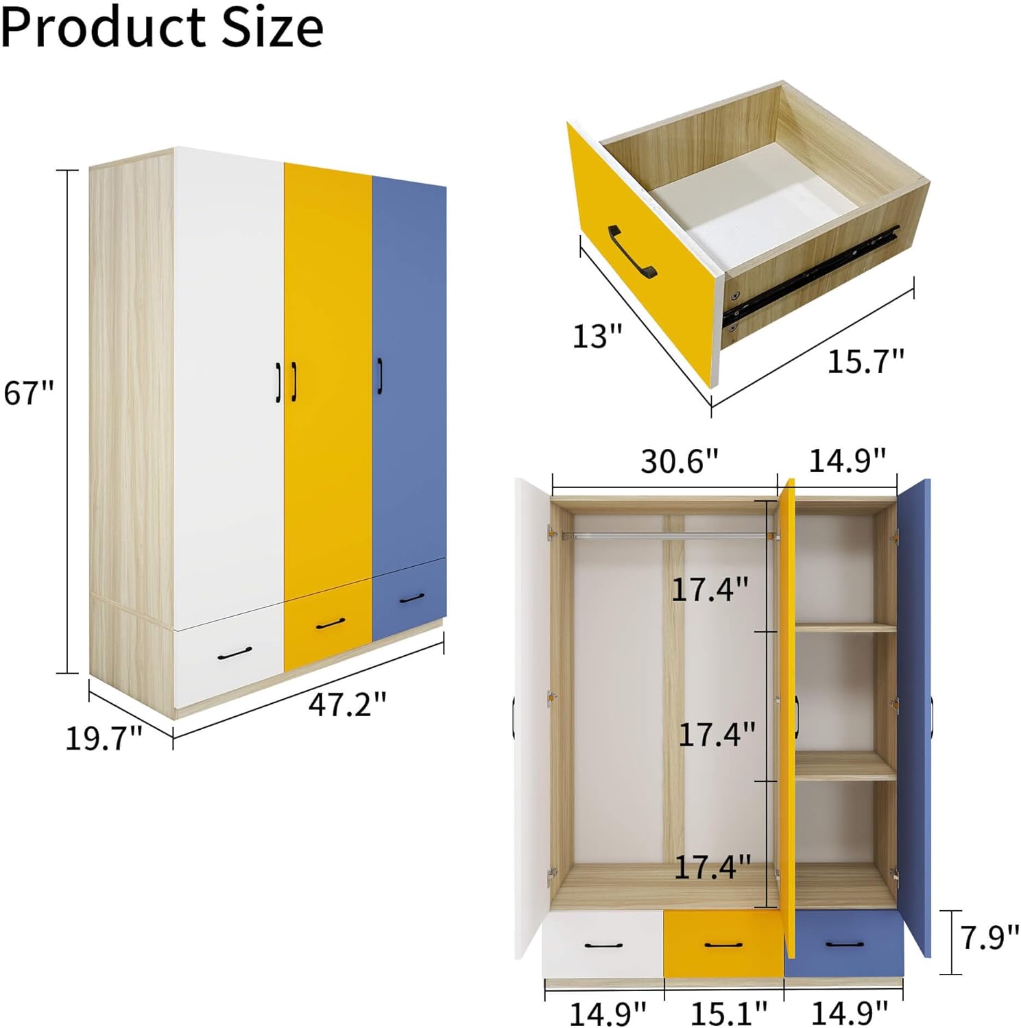 Stylish Armoire Wardrobe Closet with Hanging Rod, 3 Drawers & Storage Cabinets | Modern 3-Color Door Design