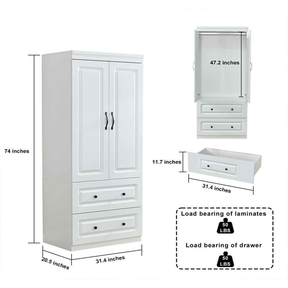 74'' White Armoire Wardrobe Closet with 2 Doors, Hanging Rod & Drawers - Large Wooden Bedroom Storage Cabinet